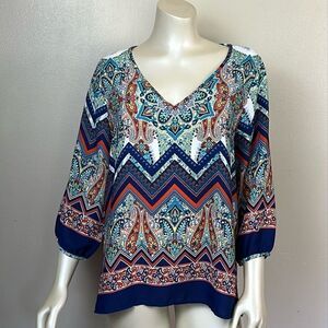 Renee C. No iron Large Paisley Chevron V-Neck 3/4 Sleeve Vibrant Boho Blouse top